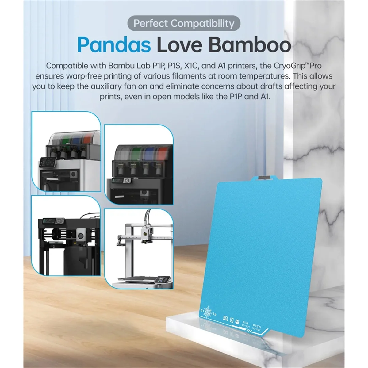 WHQT BIQU Panda Bauplatte CryoGrip Pro-Beschichtung, kein Verstopfen, Federstahl, doppelseitig strukturiert, für BambuLab P1P P1S A1 3D-Drucker