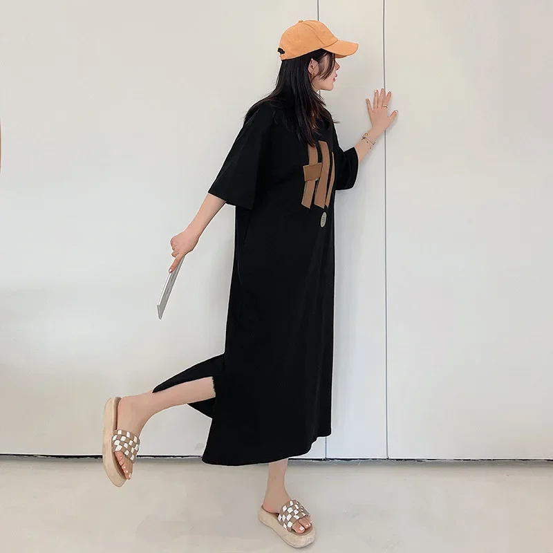 New Women Hi Letter Split Dresses Loose Casual T-shirts Dress Nightdress Spring Summer Short Sleeve Long Nightgown Fashion Tops