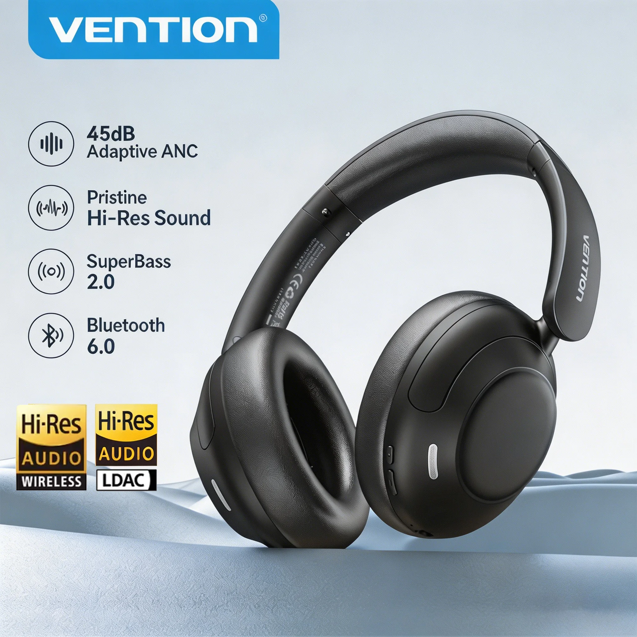 

Vention ANC Over Ear Headphones -45dB Noise Cancelling Headsets Bluetooth 6.0 Hi-Res LDAC Earphones 5-Mic 40mm Driver 73H Play