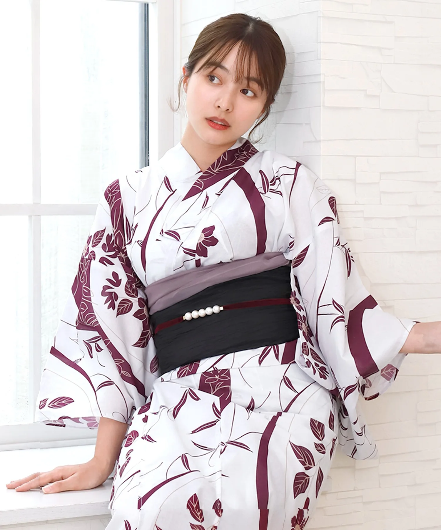 Traditional Cotton Linen Yukata Kimono Dress Women's Classic Floral Print Deep Red Bathrobe Elegant Chinese Style Dress