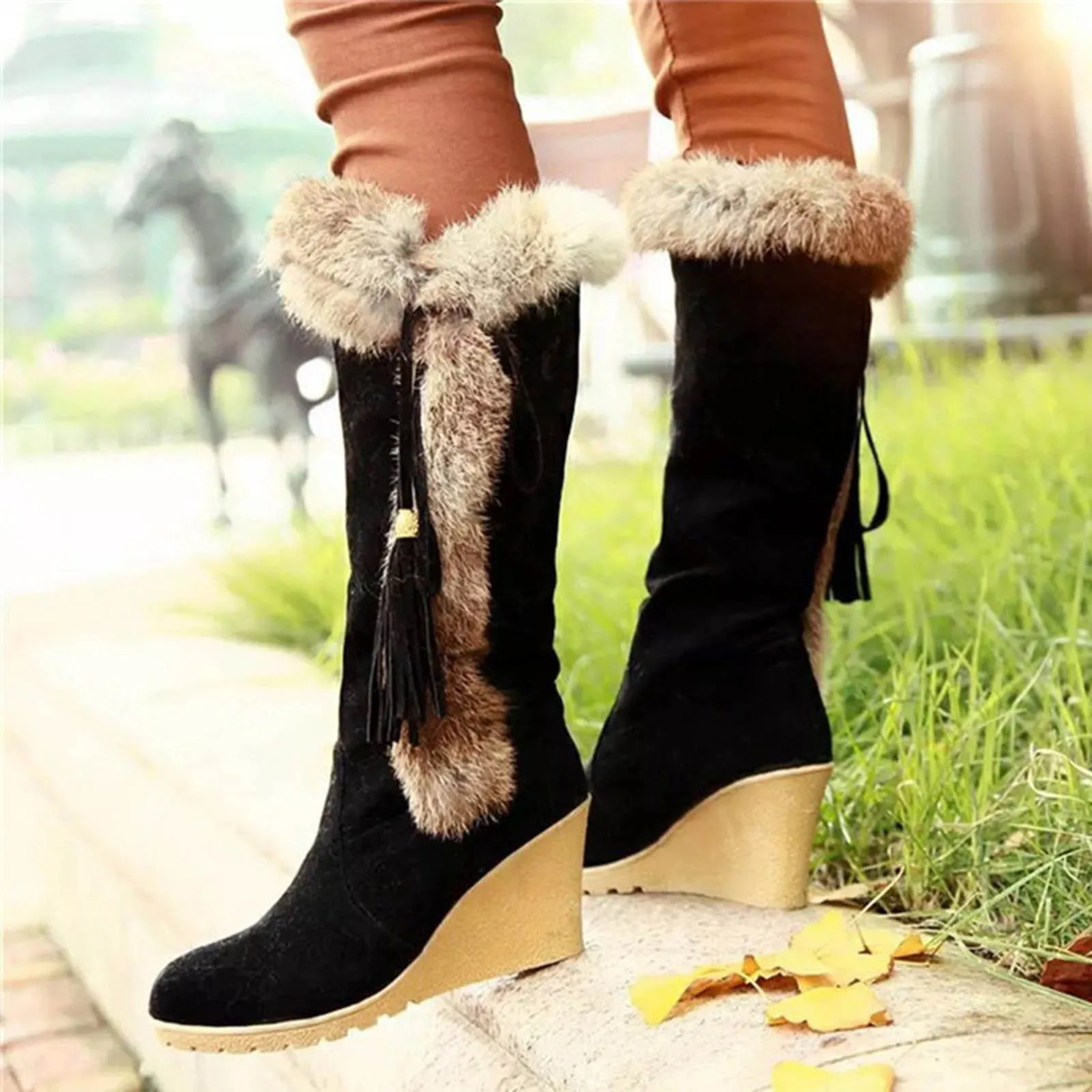 Wedge Boots Women\'s Shoes Platform Round Toe Plush Winter Footwear Booties Ladies Fashion Warm Knee High Booties 2023 New