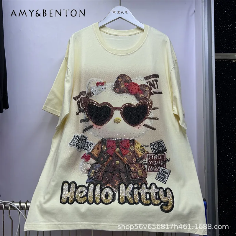 

European Style Heavy Craft Rhinestone Letter Print Cartoon Kawaii Loose Tees Fashion Versatile Short Sleeved Tshirts Top Summer
