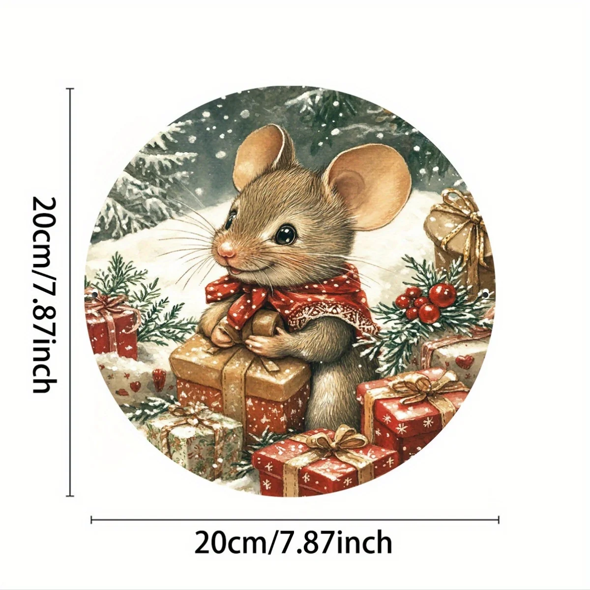 1pc Vintage Christmas Mouse with Gifts Foil Art Round Aluminum Sign, 8x8 Inch Holiday Wall Decor for Home, Kitchen, Garden