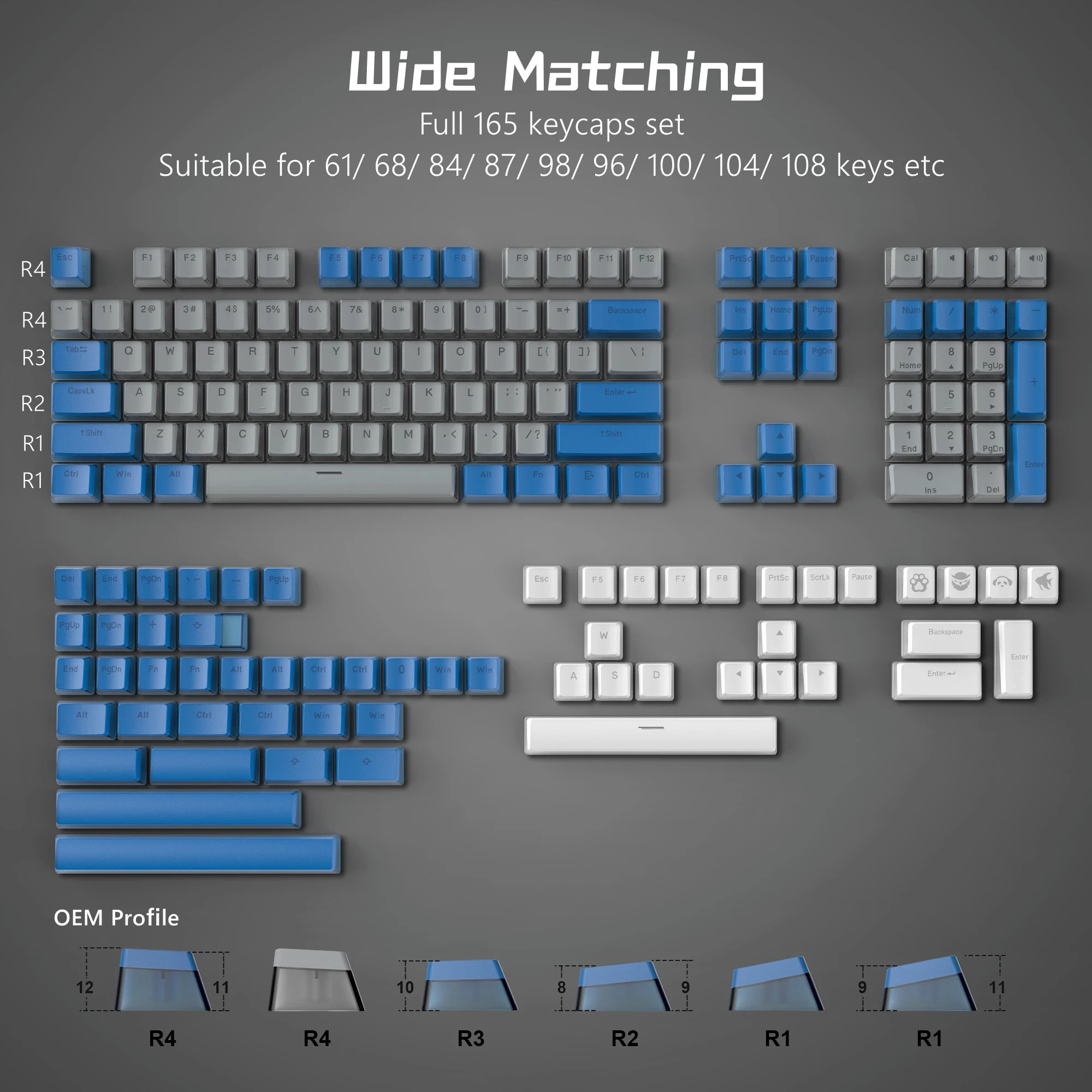 165 Keys Grey Blue Double Shot PBT Keycaps RGB Backlit Pudding Keycaps OEM Profile for Cherry MX Switches Mechanical Keyboard