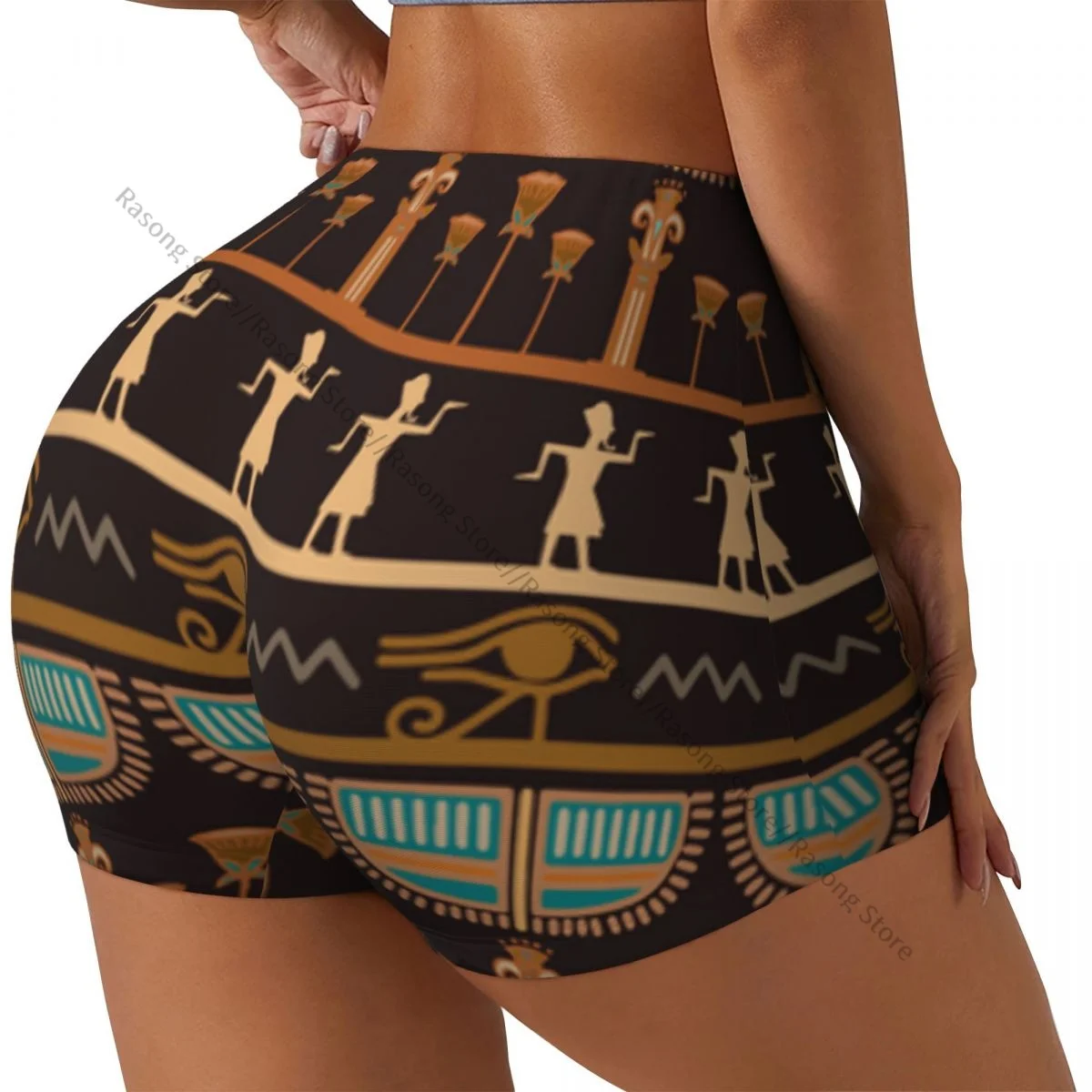 Shorts de yoga feminino tribal egípcio vintage silhuetas étnicas scrunch booty levantamento de bunda conforto fitness ginásio