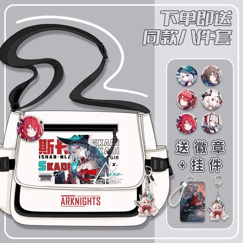 Anime Arknights Rhodeland Shoulder Bag with 6Pcs Badges and 2Pcs Pendants Black White Messenger Cartoon Zipper Crossbody Travel