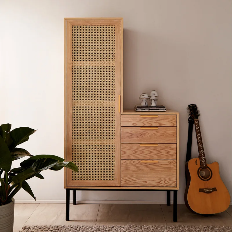 Hotel rattan wood wardrobe Modern simple white wax wood side hung door lockers Nordic home stay Sliding door closets