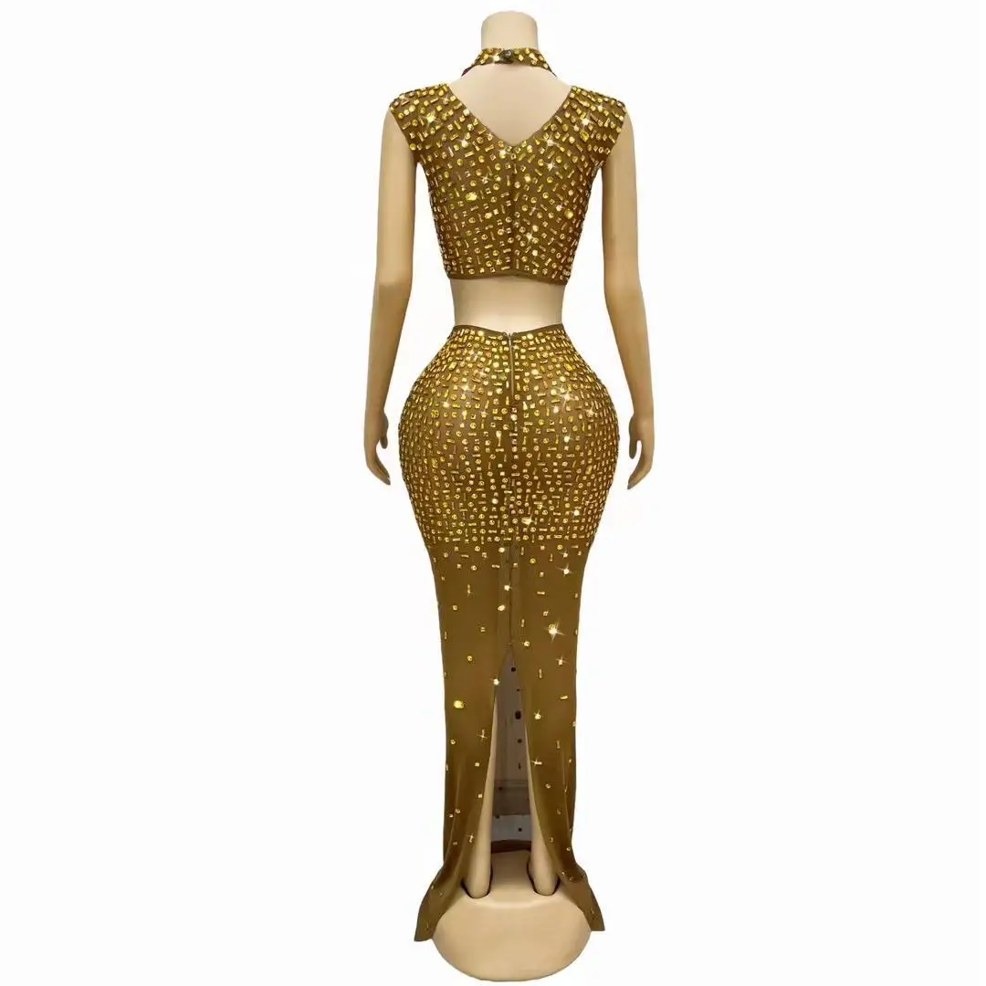 Jinbei-vestido transparente de 2 piezas con diamantes de imitación dorados, conjunto de traje de cantante, falda superior, falda negra, noche, fiesta de graduación, colección