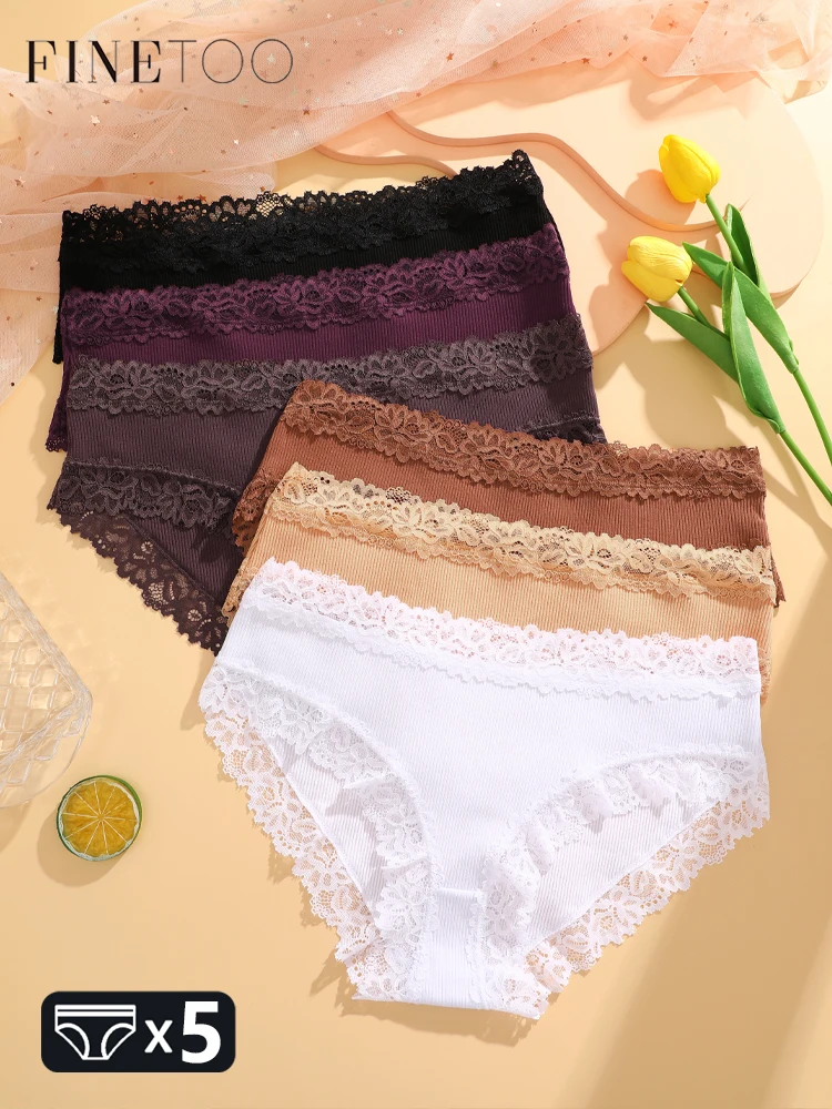 FINETOO 5Pcs Frauen Baumwolle Spitze Höschen Sexy Gestreiften Bequeme Slips Weiblichen Niedrigen Taille Unterhose Einfarbig Bequeme Dessous