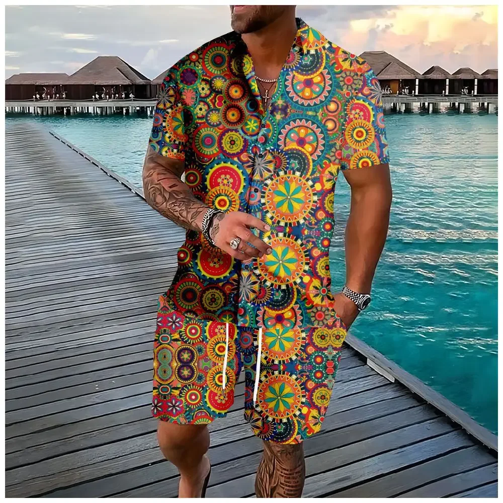 Summer VIntage Element 3D Print Men Shirt Short Sleeve Shirt Oversized Beach Shorts Streetwear Hawaiian Suits Clothes