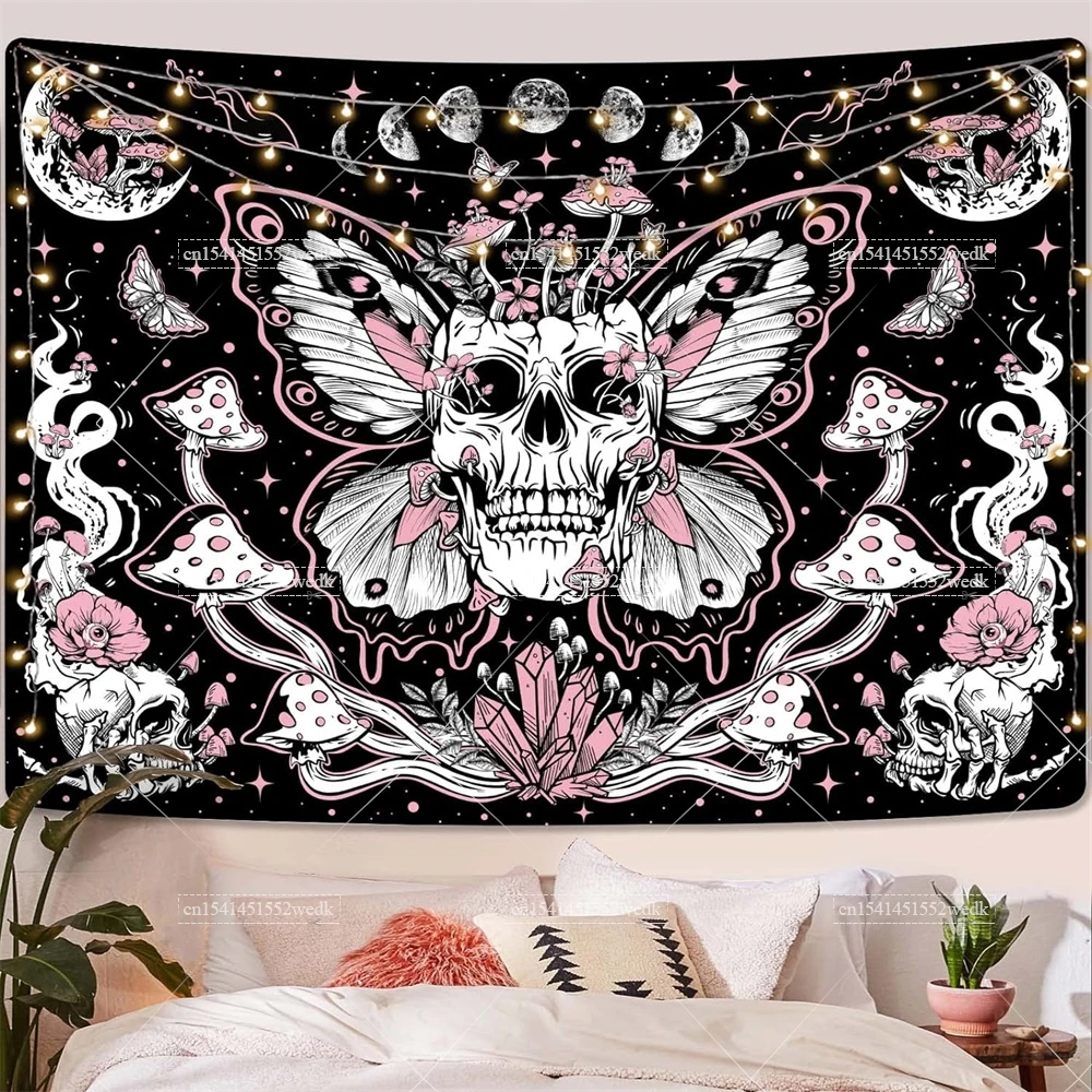 Skull Floral Tapestry Mushroom Skeleton Goth Tapestry Aesthetic Room Decor Moth Moon And Stars Wall Tapestry Home Decoration