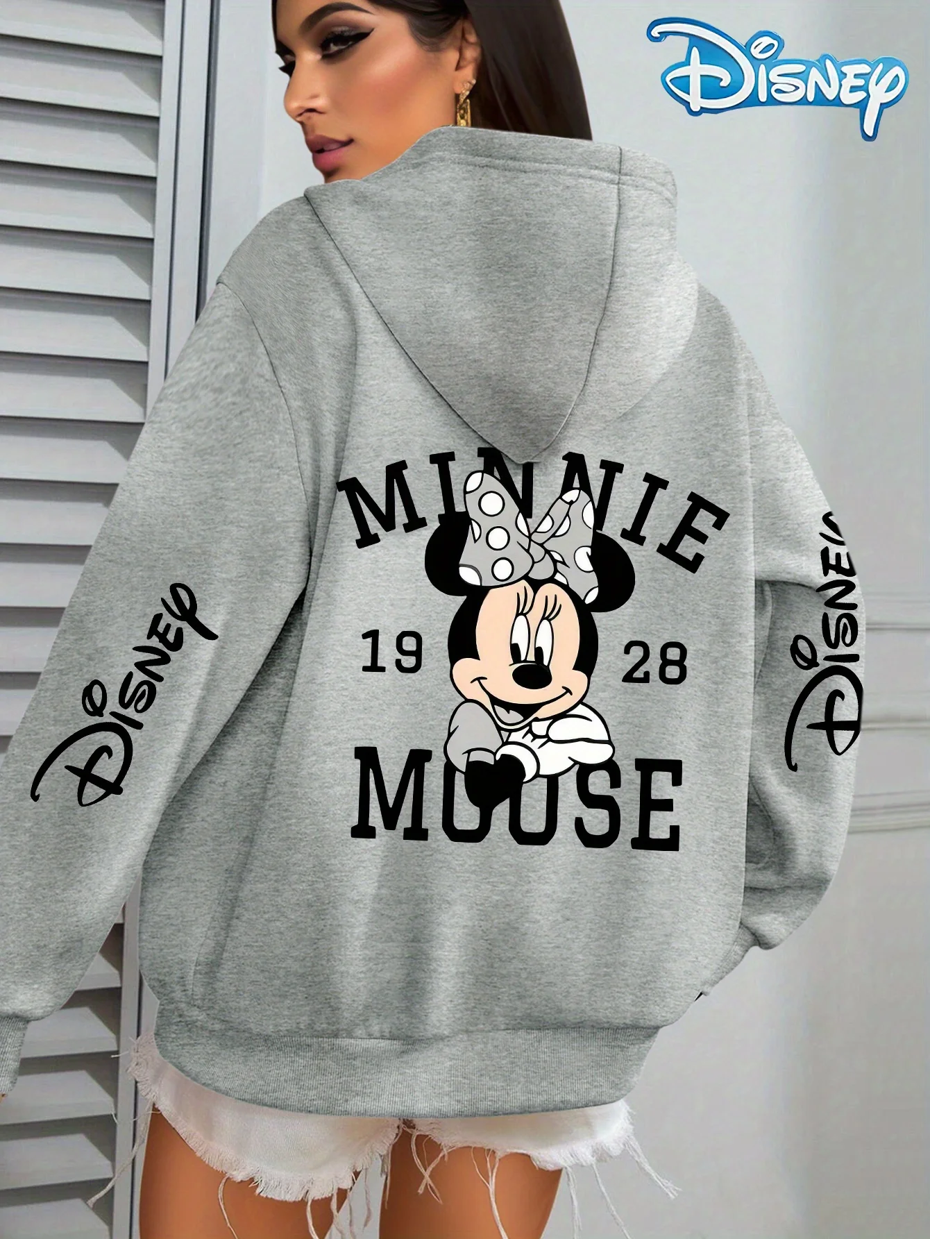 Disney minnie mouse feminino padrão outono e inverno velo moletom com capuz unisex streetwear oversized solto casual