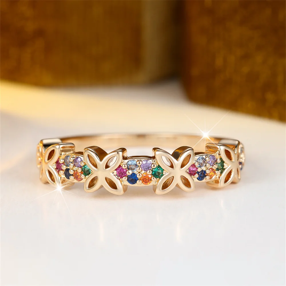 صغيرة مستديرة حجر قوس قزح كريستال فراشة خواتم للنساء خمر الذهب اللون خاتم الخطوبة مجوهرات الزفاف هدية حفلة الزفاف #4