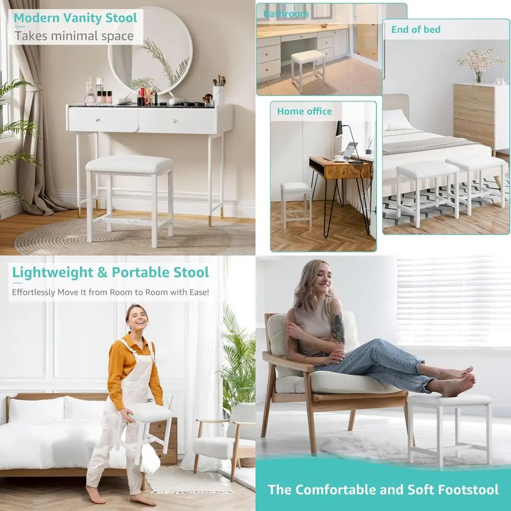 

Compact Vanity Stool with Cushion, Adorable for Makeup, White Chair for Small Spaces, Ideal for Living Room, Bedroom, Bathroom,