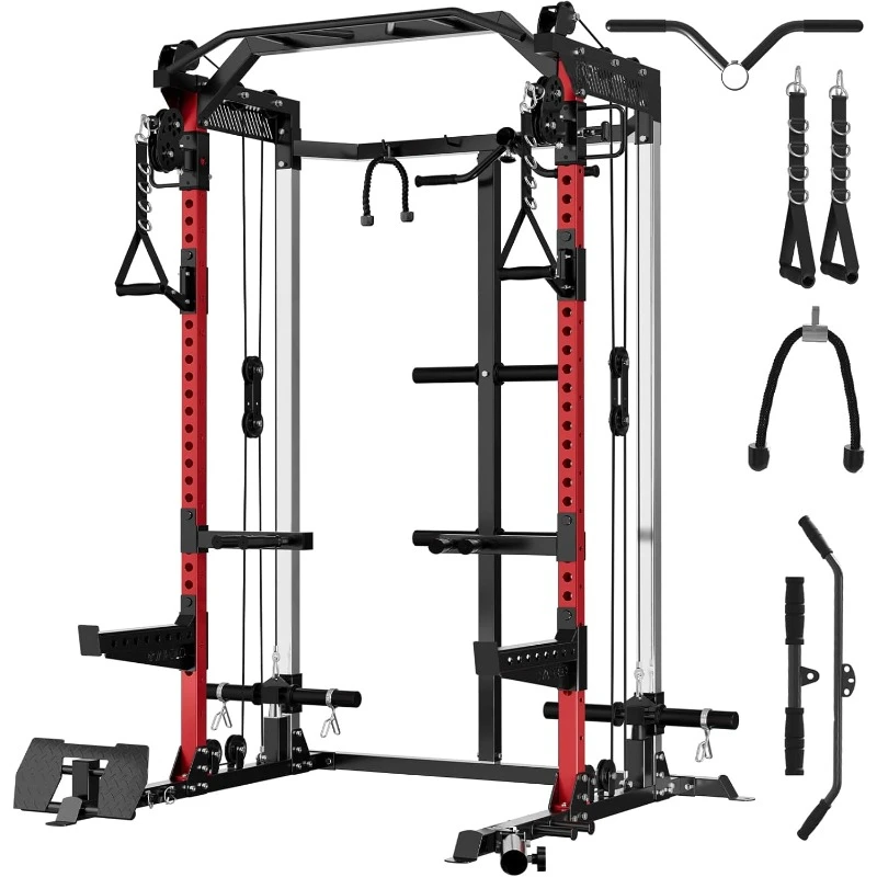 

Power Cage 2000LB Squat Rack Dual Pulley Cable Crossover System Multi-function Free Weight Home Gym Workout Machine