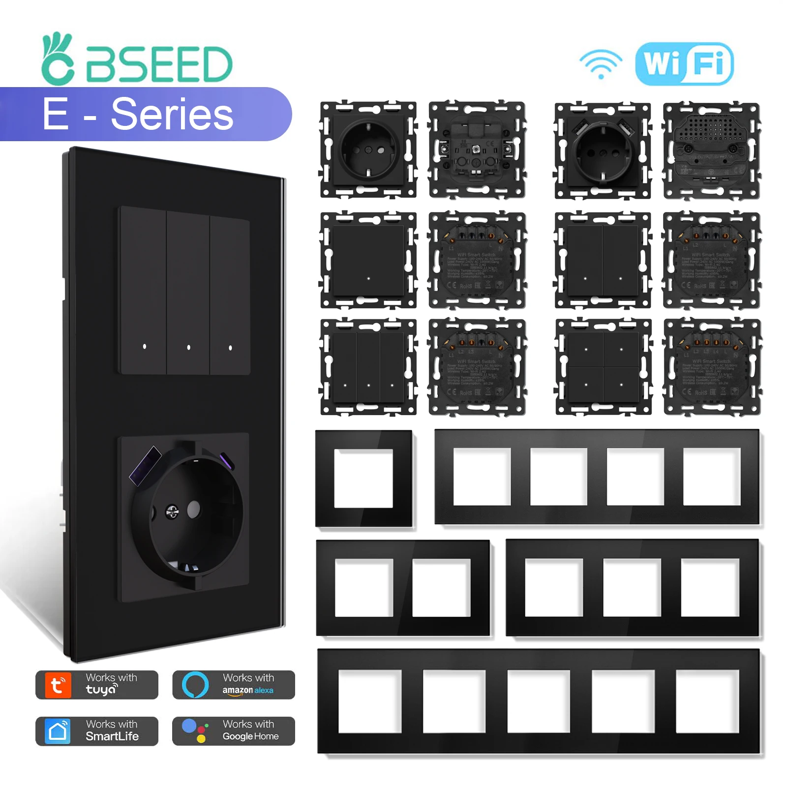 BSEED WIFI Click Switch Modules Smart Light Switch Parts Black Glass Frame DIY Combination Wall Sockets USB Charge Key E-Series