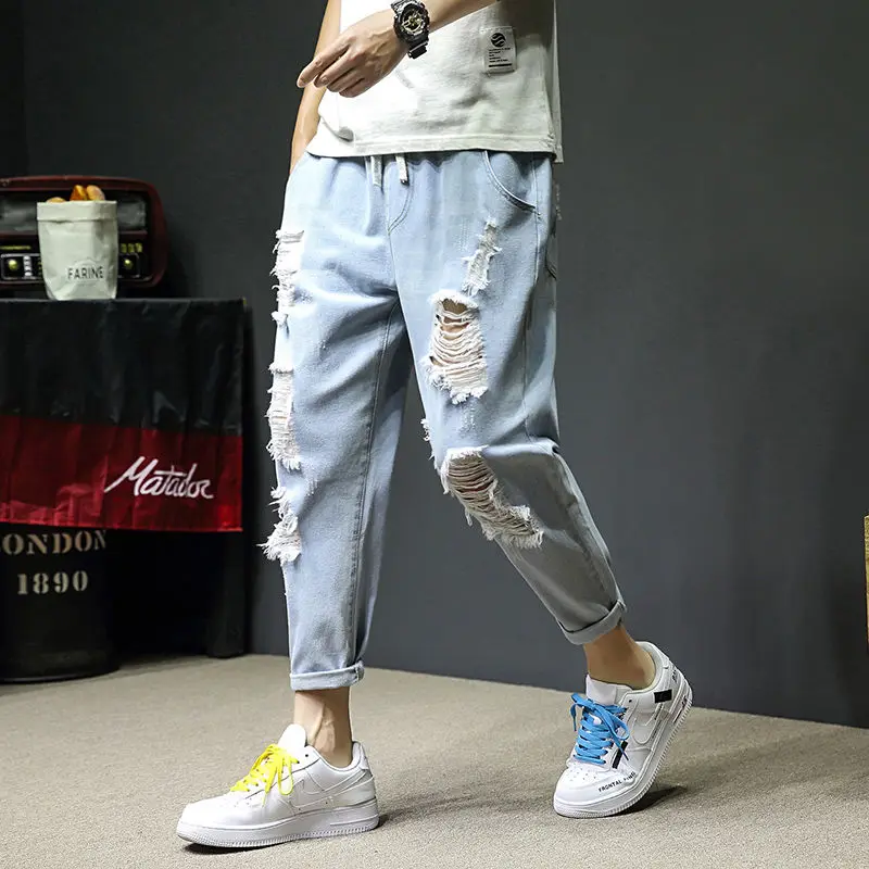 Autumn Ripped Jeans Men's Casual Ninth Pants Loose Harem Pants Korean Version Beggar Pants Mens Clothing