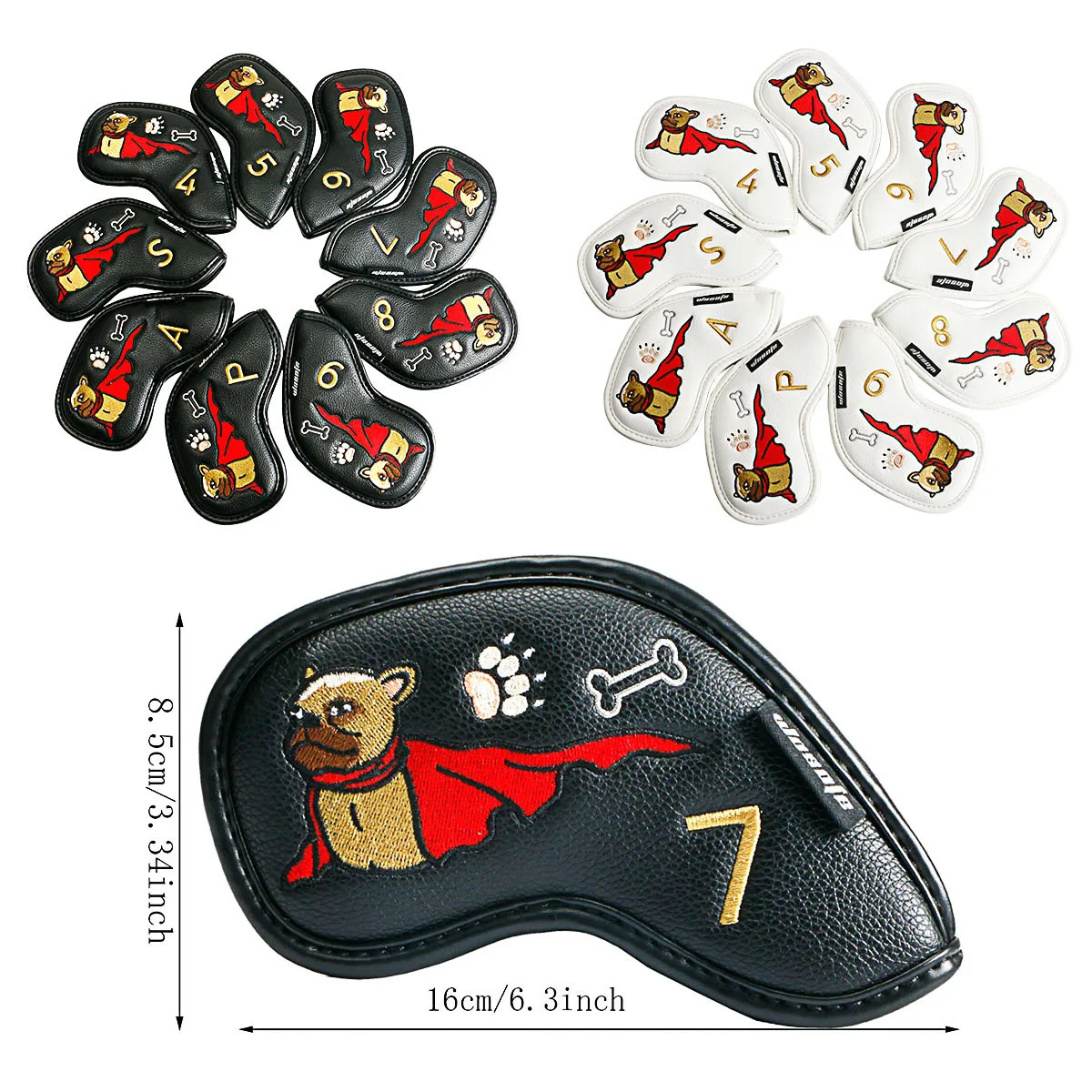 

French Bull Dog Golf Club Iron Head Covers PU Golf Irons Headcover For 4/5/6/7/8/9/P/A/S 9pcs Golf Dog Bone Dog Paw Print