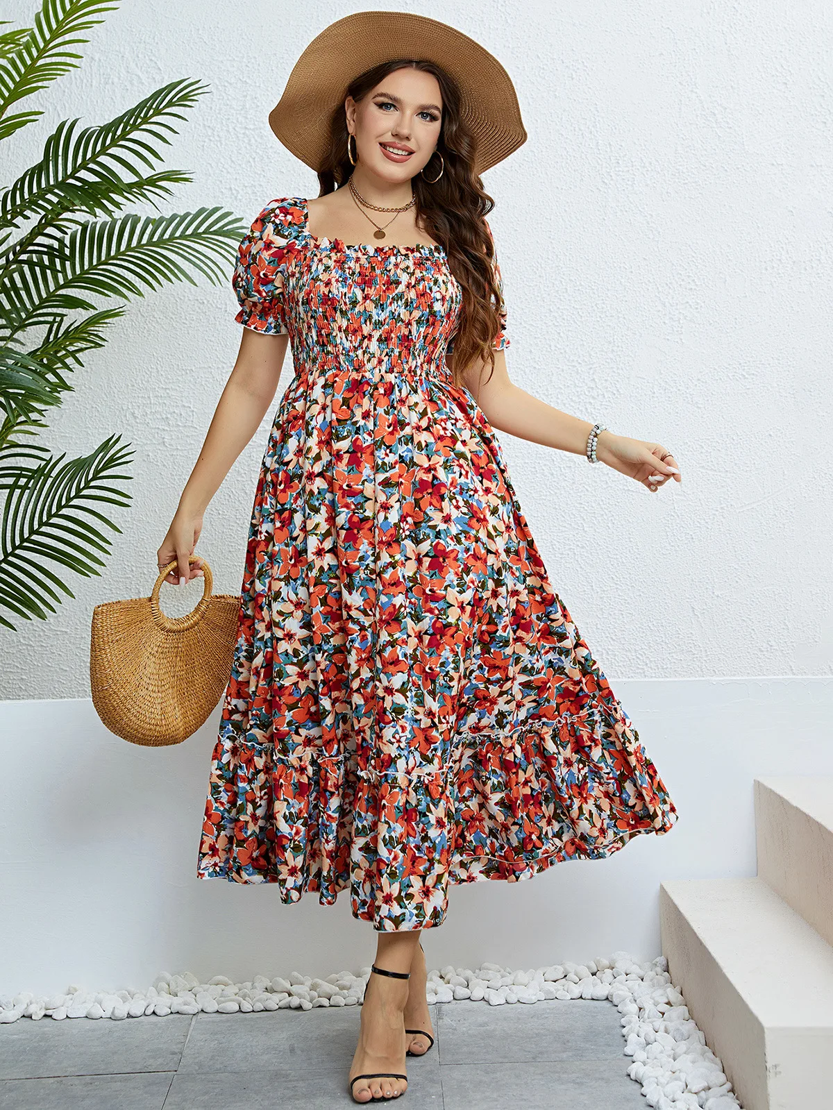 Vestidos florales hasta el tobillo para mujer, vestido acampanado con cuello oblicuo, mangas cortas, cintura cincha, Y2k, informal, para oficina, verano 2025