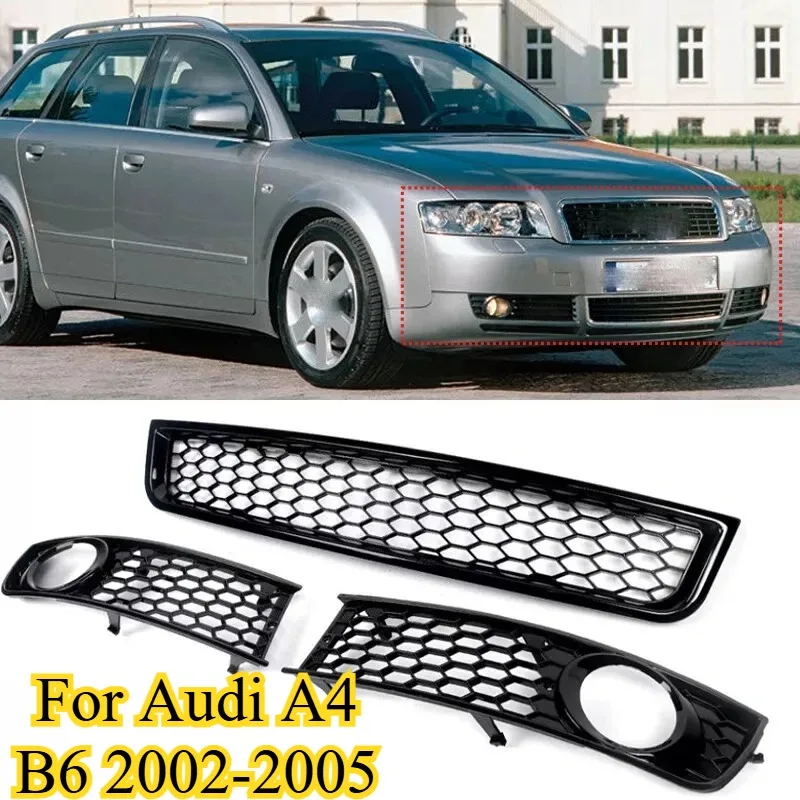 

For Audi A4 B6 2002-2005 Front Bumper RS Style Grille Set Black Honeycomb Mesh Upper Middle Lower Fog Light Grilles Tuning Kit