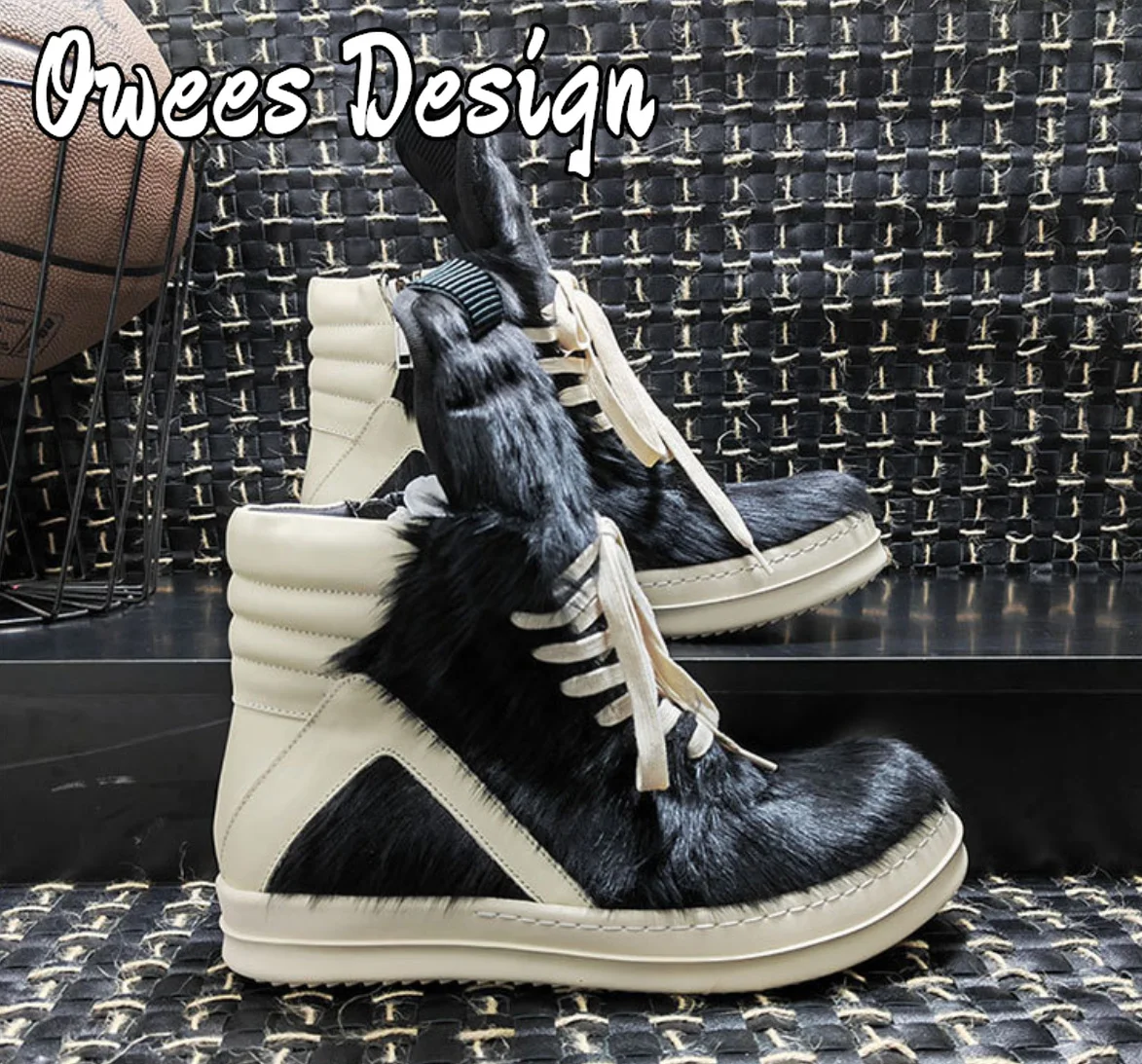 Owees Design Zipper Ankle Boots Men's Horsehair High-tops Sneakers Women Thick Soled Quality Leather Lace-up Fashion Shoes image 6
