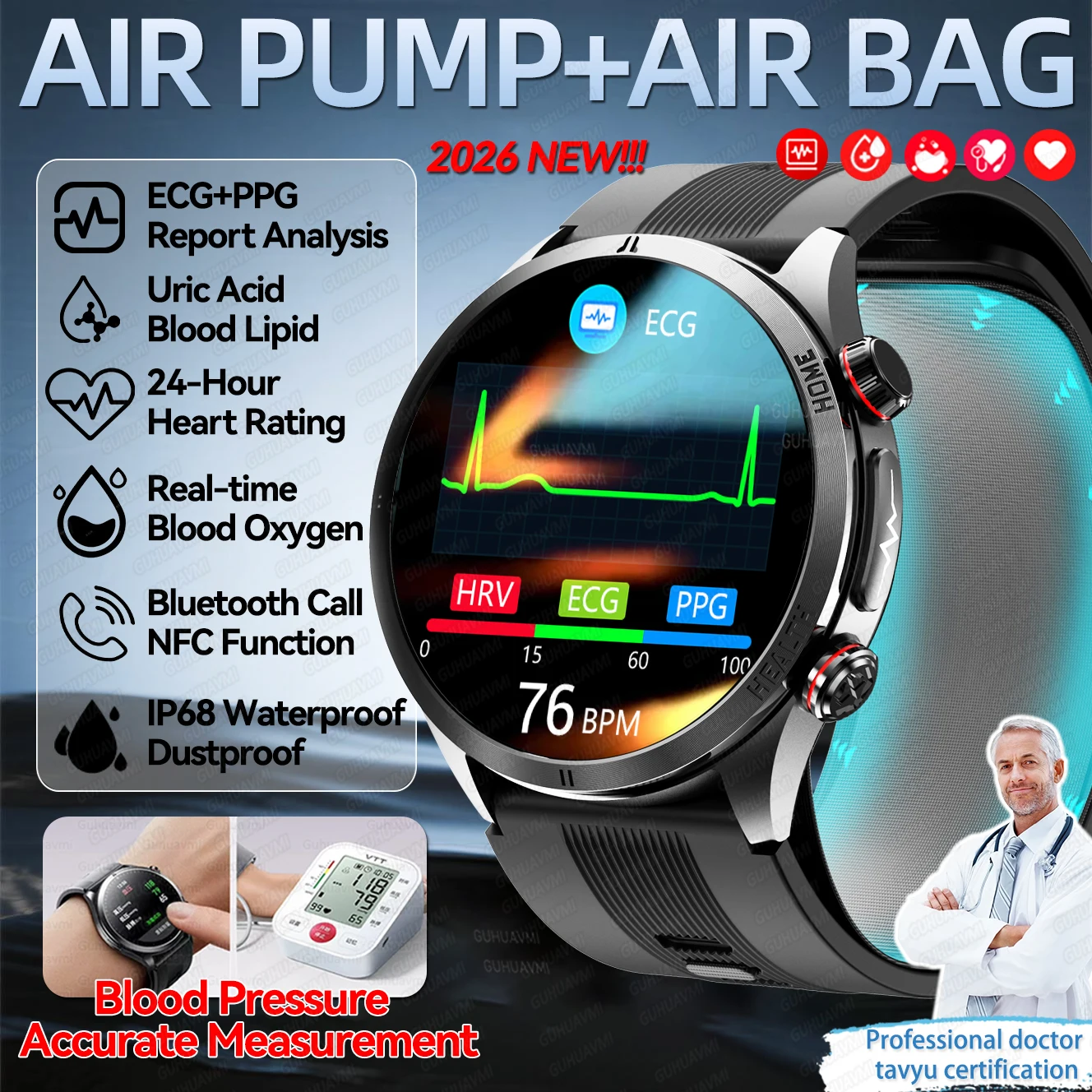 

2026 Воздушный насос Воздушная подушка Недавно обновленное артериальное давление ЭКГ + PPG Смарт-часы Мужчины 24 часа Сердечного ритма BT Отслеживание о здоровье NFC Smartwatch