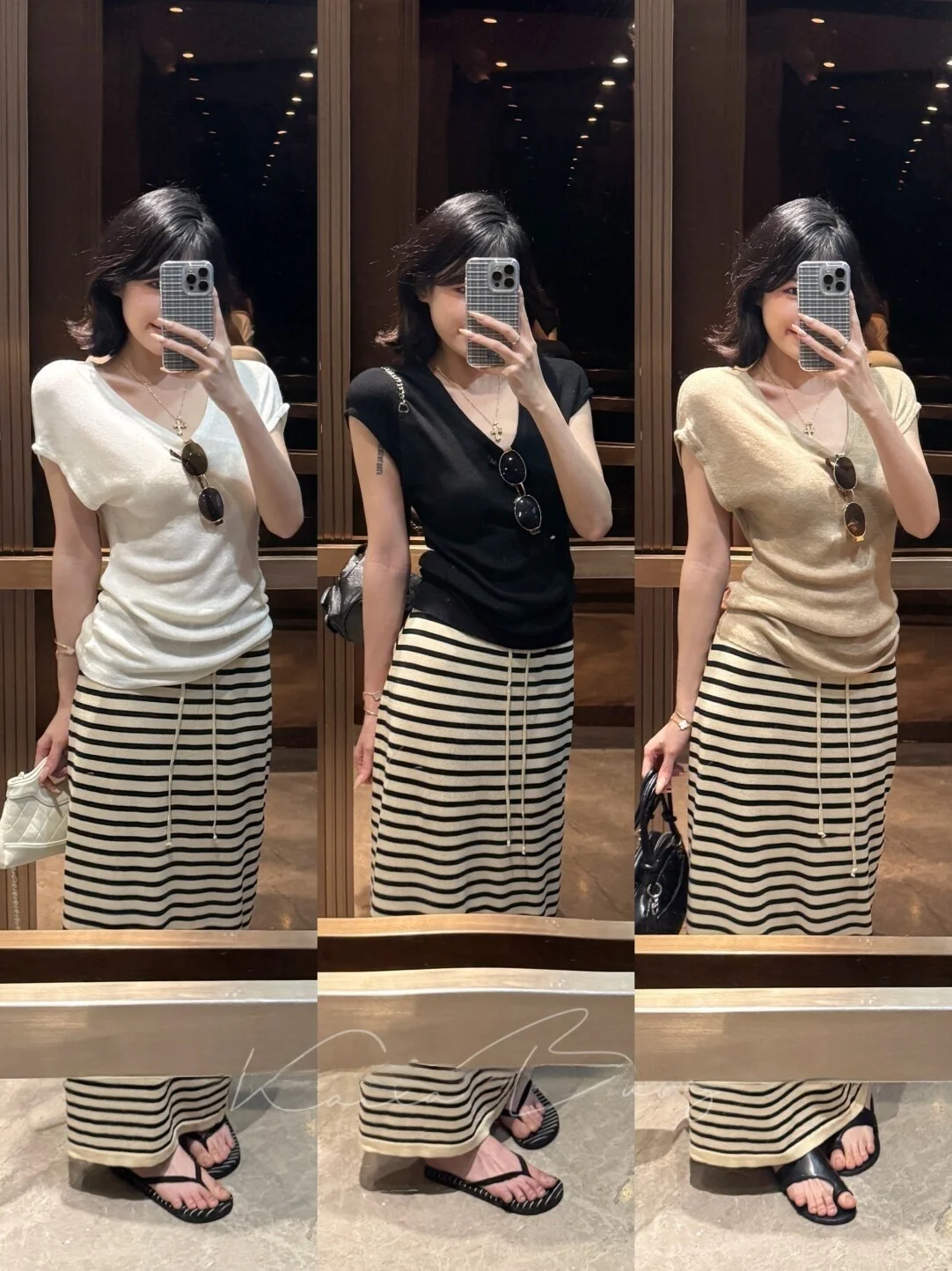 

Slimming Versatile Knitwear V-Neck Sleeveless Casual Striped Belted Skirt Two-Piece Set Women's Fashion Summer Outfit