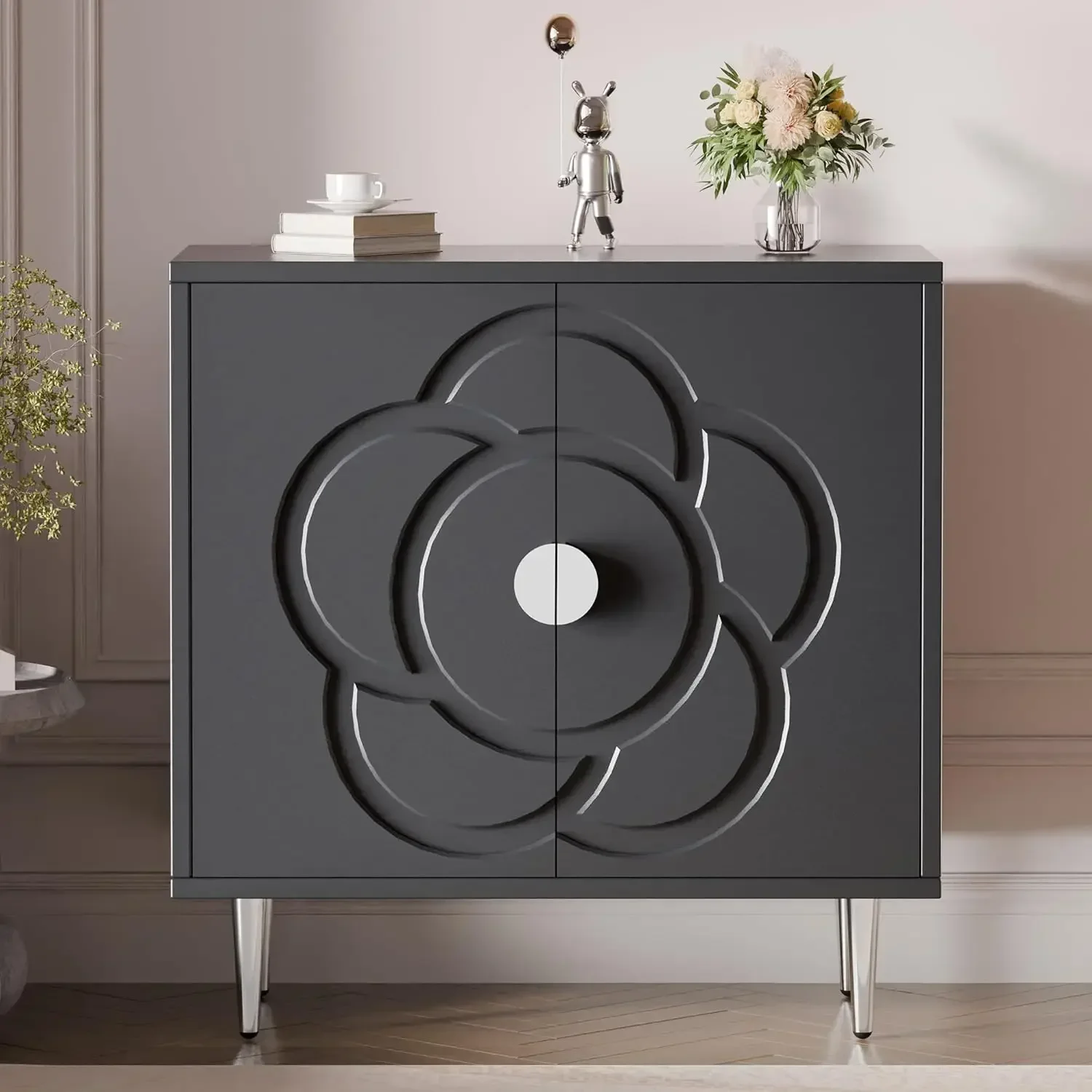Storage Cabinet, Modern Sideboard Buffet Cabinet with Decorative Flower Pattern Doors, Accent Sideboard Cabinet for Living Room,