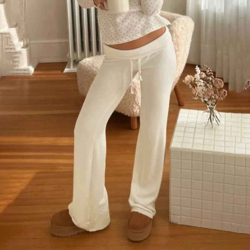Vintage Aesthetic Mid Waist Drawstring Straight Trousers Casual Basic Pants Floor Length Bottoms Causal