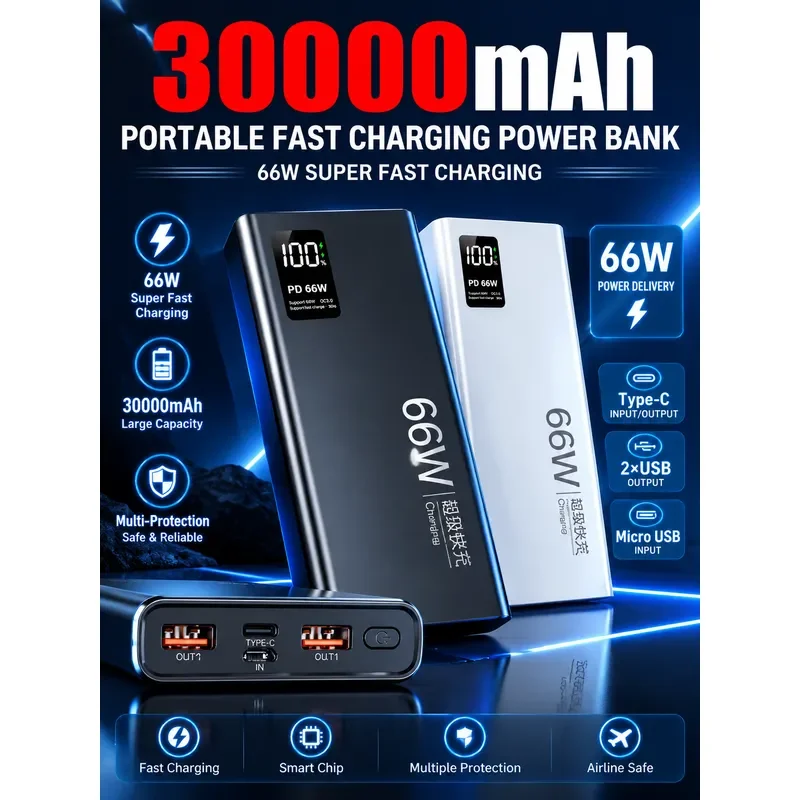 2026 20000mAh Power Bank 66W Super Fast Charging for iPhone Huawei P50 Xiaomi PD 20W External Battery Charger