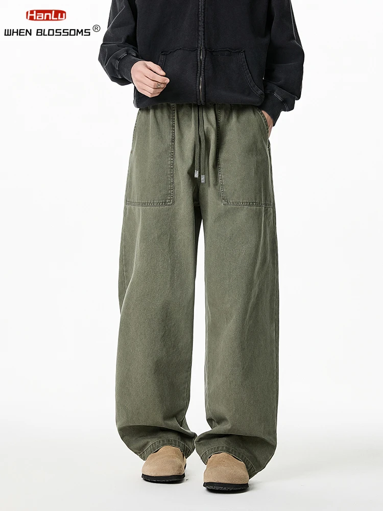 HANLU Spring Trend Cargo Pants fo Man Baggy Vintage High Quality Pure Cotton loose Casual Trousers Men's Wide leg Pants