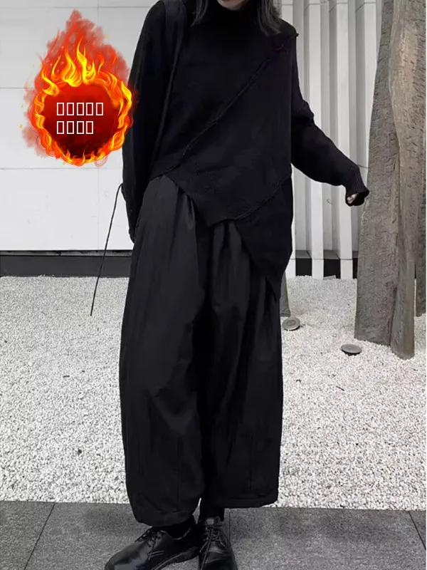 سراويل كاجوال من مزيج القطن بأرجل واسعة وخصر مطاطي فضفاض مستقيم الساق للنساء مقاس كبير...