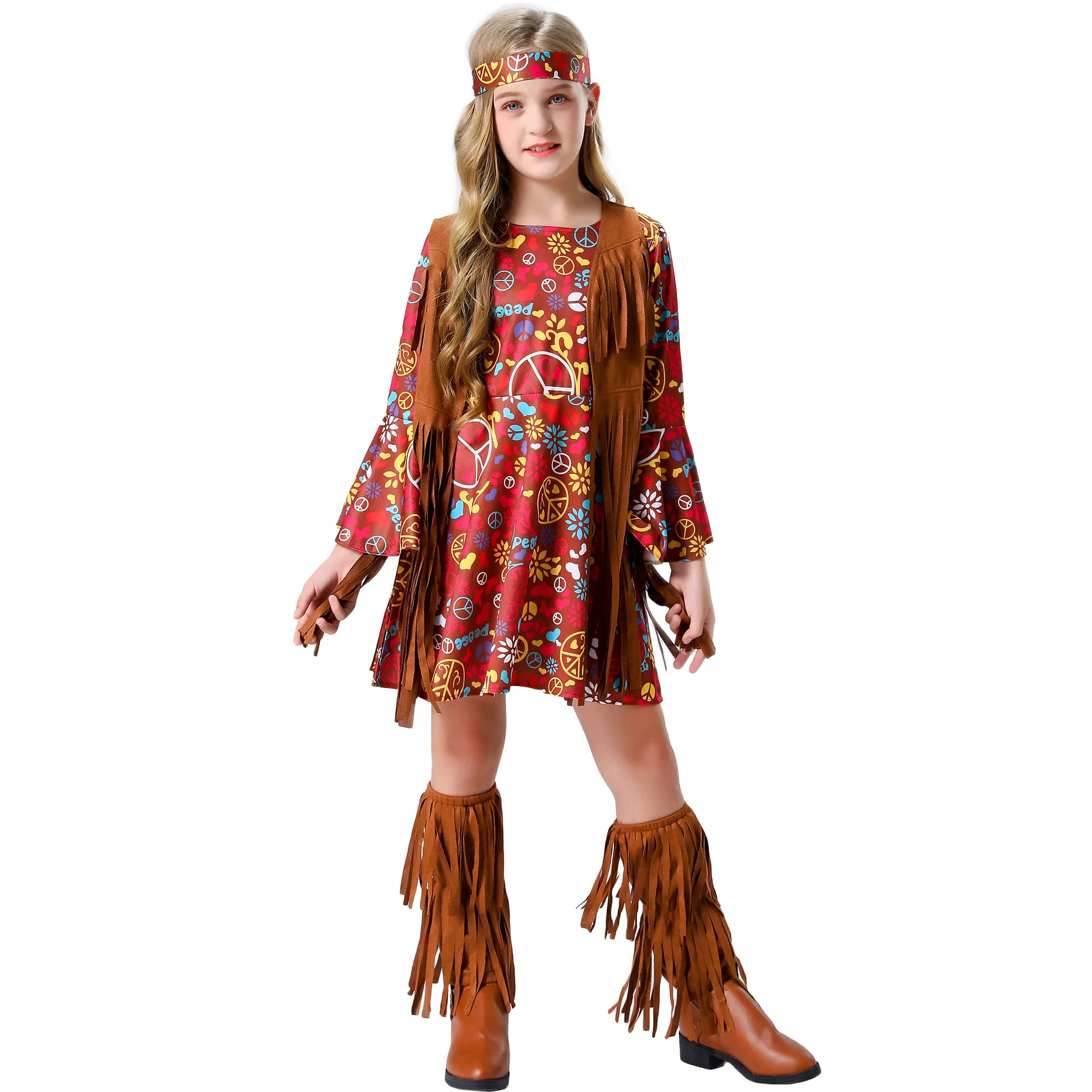 

Hippie Cosplay Costume Set Disco Girls Dress Peace Loving Outfit Halloween Carnival Party Tassels Pop Rock Fashion Outfits Kid