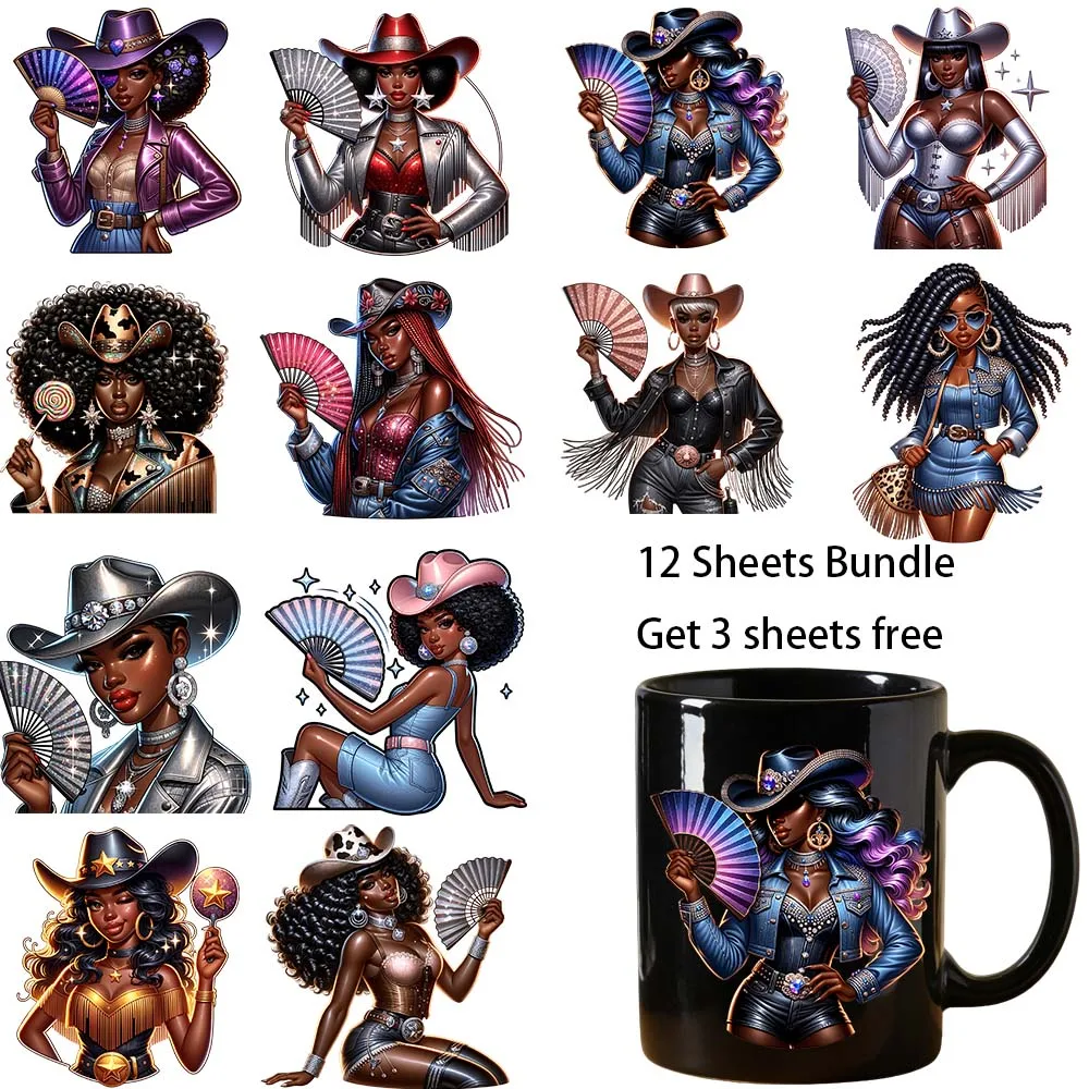 12 sheets bundle 4 inches Western cowgirl UV Sticker Party DIY Decals 3D transfers uvdtf tumbler stickers 16oz uv dtf cup wraps