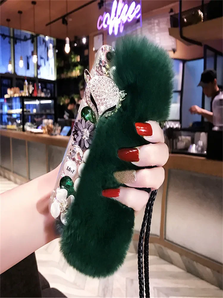 Luxury Rhinestone Warm Fluffy Rabbit Fur Bling Diamond Pearl Case Cover For Xiaomi Redmi Note13 Pro 4G 5G Note 14 Note 12 11 Pro