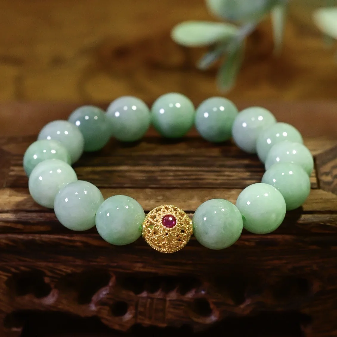 Natural Grade A Waxy Bean Green Jadeite Bracelet, Solid 18K Gold Hollow Lucky Bead Chinese Style Gem Bracelet