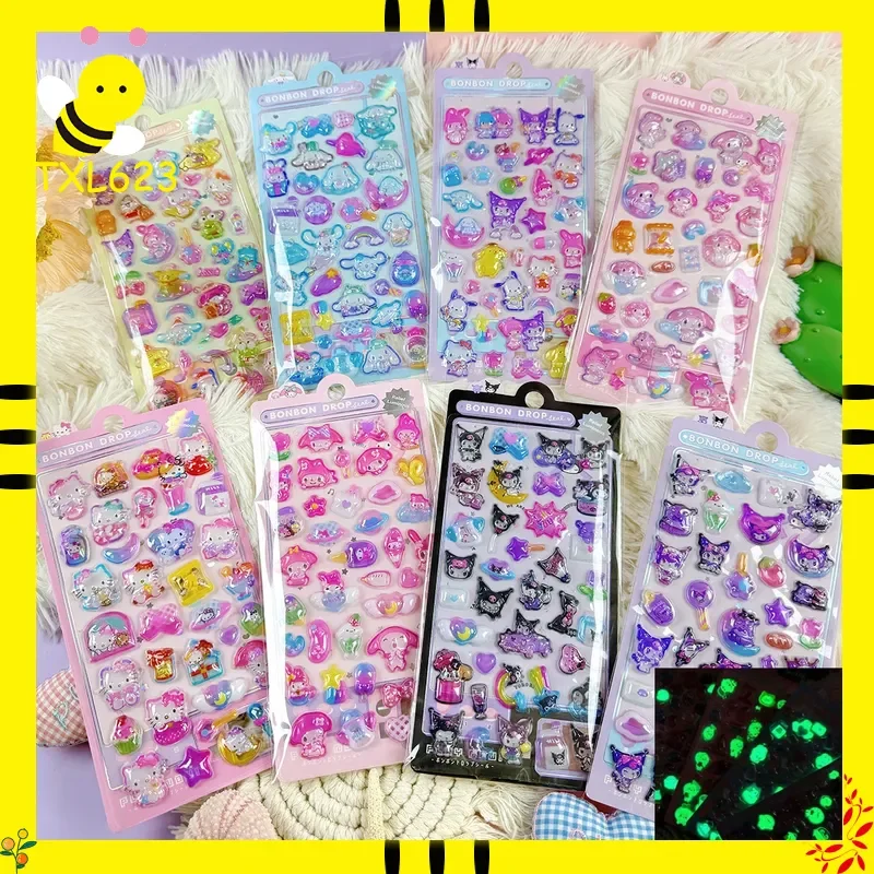 8 قطع KT Kuromi Melody الأصالة مضيئة ثلاثية الأبعاد الإغاثة ملصق مقاوم للماء محبوب ملصقات الزخرفية الكرتون الكريستال ملصق