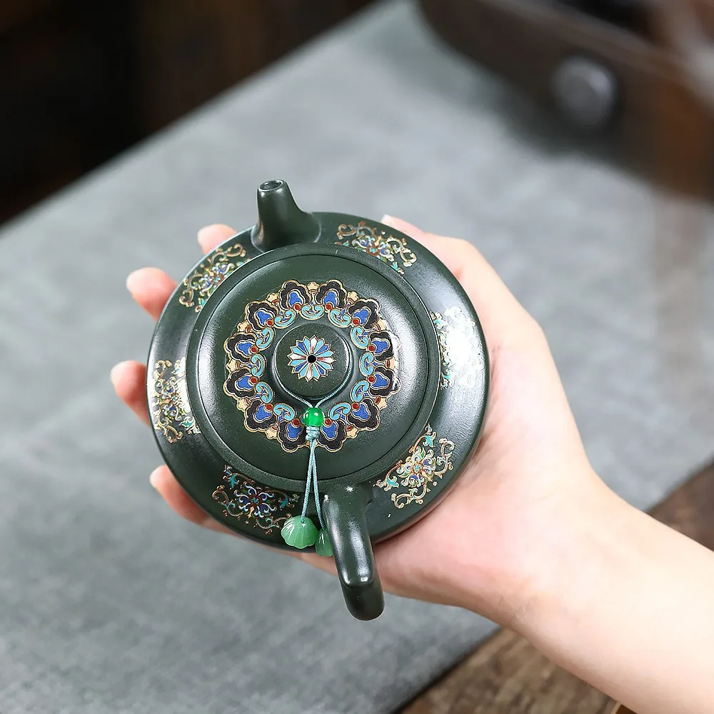Handmade Yixing Purple Clay Pot Ore Green Mud Enamel Color Huating Household Kung Fu Teapot Gift Set Inner Pile Ball Hole 200C
