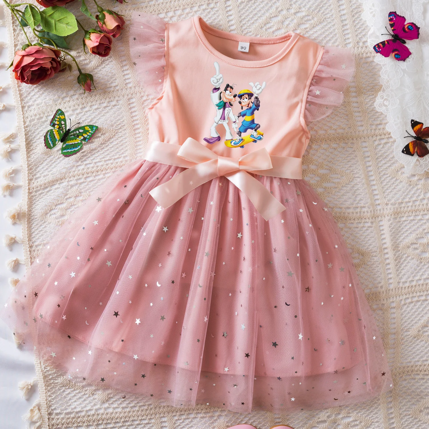 

A Goofy Movie Sweet Girls Summer Clothes Flying Sleeves Bow Sequin Dress 2-6Y Kid Birthday Tutu Princess Dress for Baby Girl