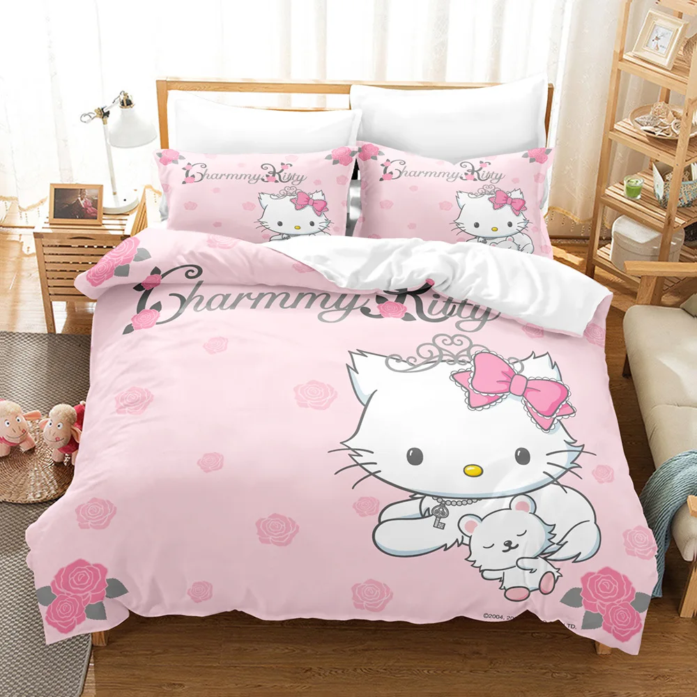 Sanrio Cartoon Anime Kuromi Hello Cat Kitt Cartoon 3D Digital Printing Quilt Cover Pillowcase Bedding Three-piece Set Cosplay