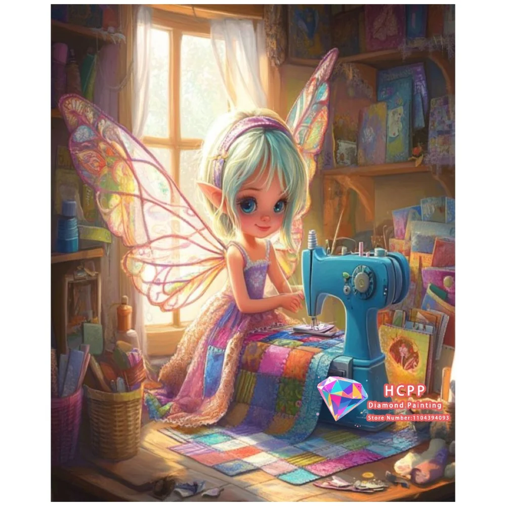 Sewing Fairy Window Room 5D DIY Diamond Painting Set with Square and Round Diamonds Handmade Crafts Home Decor Gifts