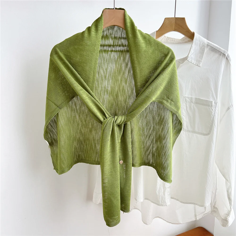 Summer Women Thin Knit Shoulder Cape Tie Knot Front Aircon Shawl Wrap Light Breathable Sun Protection Scarf Multi-purpose