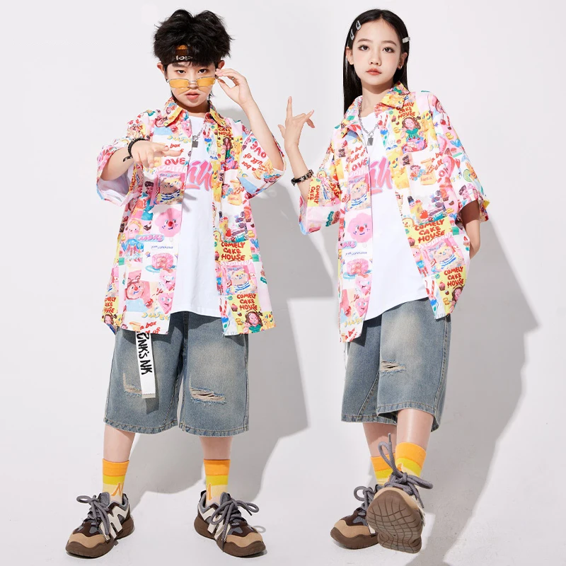 Neue Kinder Bunte Street Dance Jazz Dance Kleidung Hip Hop Für Mädchen Jungen Hemd Jeans Musik Festival Bühne Outfits DQL10009