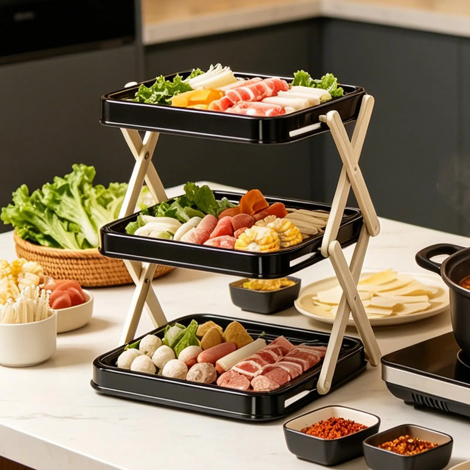 

3-Layer Kitchen Foldable Food Meal Rack Kitchen Multi-Layer Prep Tray Rack for Cooks Chefs Meal Preppers Busy Families