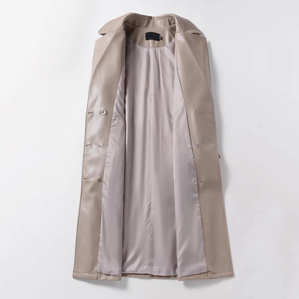 New Women Spring Autumn Split Leather Trench Coat Fashion Turn-down Collar Double Breasted Slim Coat Simplicity Casual Long Coat