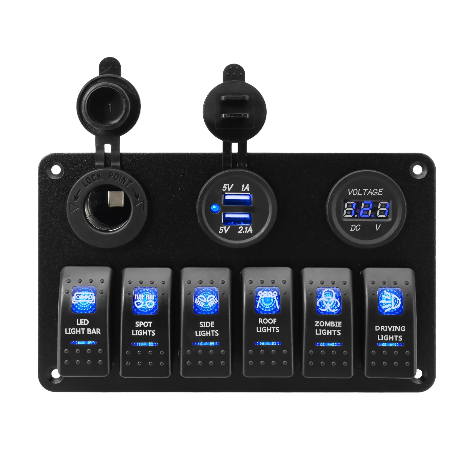 Dual USB Charging 6 Toggle Rocker Control Switch Panel 12 V~24V Circuit Breaker Volt Overload Protection Car Boat Switch Panel