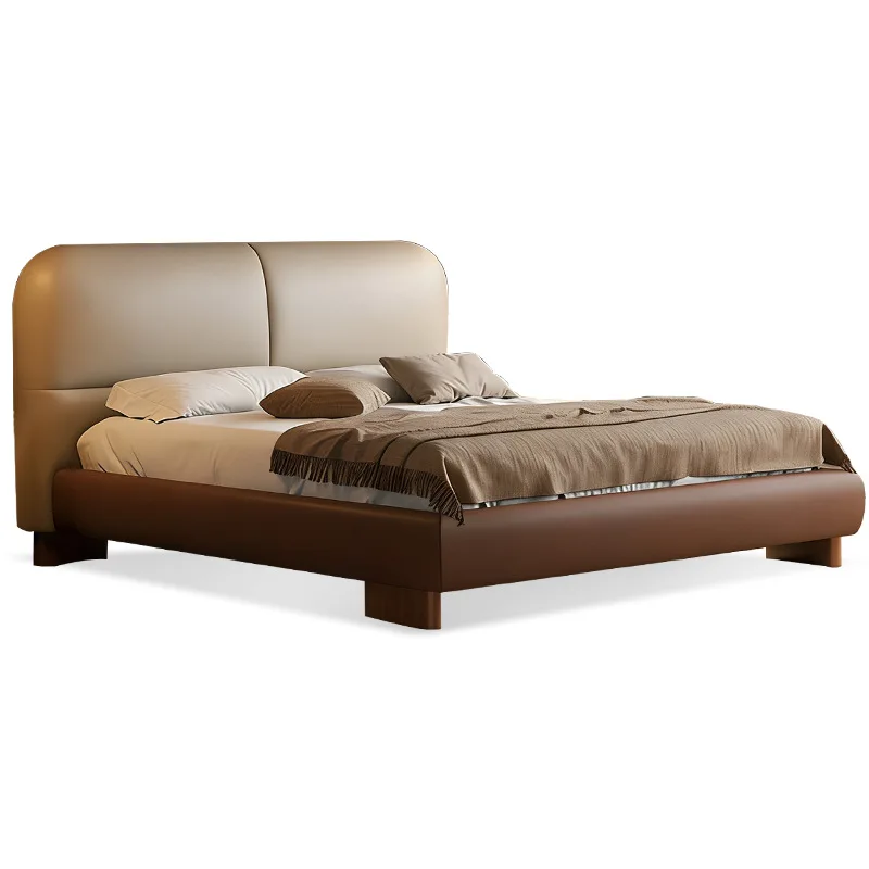 Leicht luxuriöses Lederbett, Hochzeitsbett, großes, flaches, minimalistisches Retro-Doppelbett aus Massivholz mit weicher Polsterung