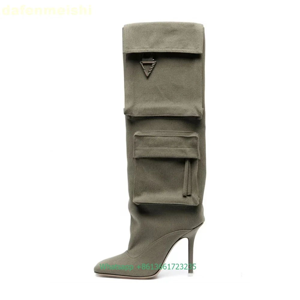 2025 inverno novo estilo saltos stiletto joelho-botas altas dedo do pé quadrado retro denim bolso pano botas de tamanho grande botas longas femininas