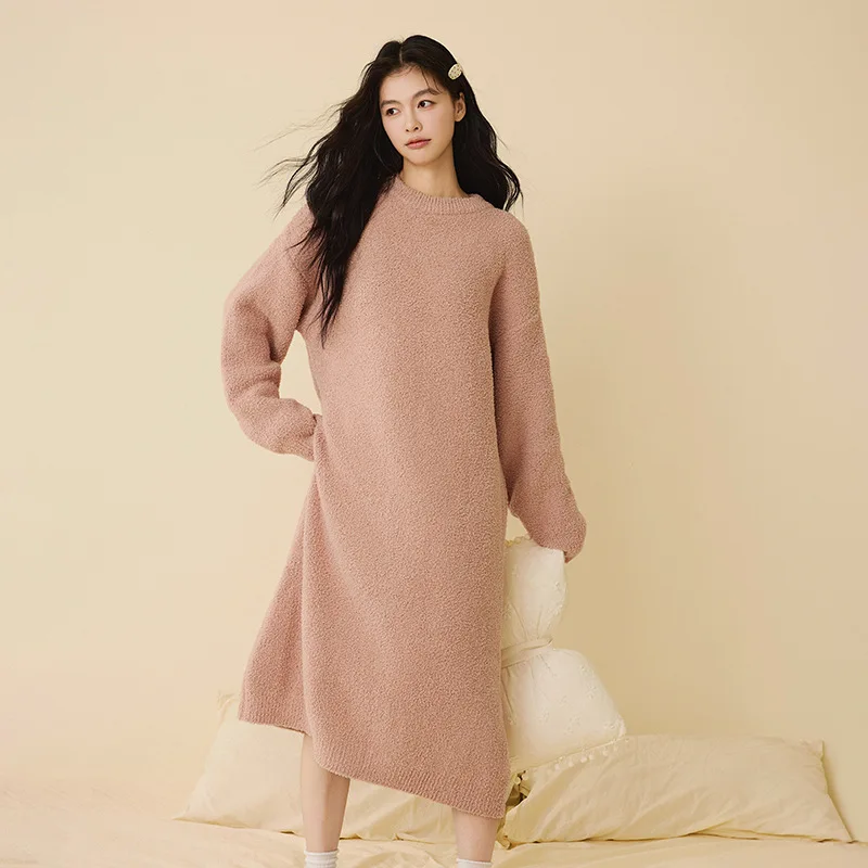 

Women's Nightdress Winter Warm Nightgown Thick Coral Fleece Long Sleeved Soft Coral Fleece Pyjama Dress Fluffy Home Clothing