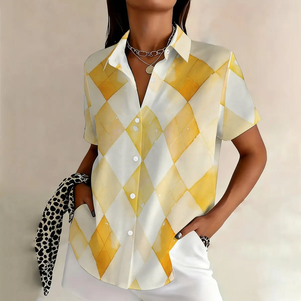 

Женская рубашка больших размеров с коротким рукавом, желто-белый узор в стиле аргайл, ретро-тренд, привлекательный дизайн, подходит для офиса.